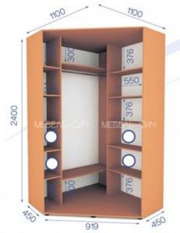 Шкаф-купе угловой Сич: высота 2400мм, глубина 450мм, ширина 1100мм на 1100мм