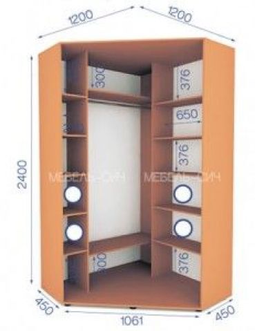 Шкаф-купе угловой Сич: высота 2400 мм, глубина 450 мм, ширина 1200 мм на 1200 мм