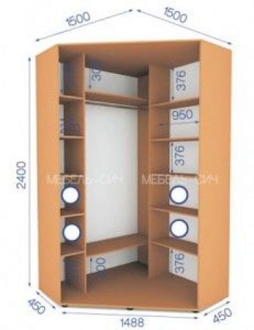 Шкаф-купе угловой Сич: высота 2400 мм, глубина 450 мм, ширина 1500 мм на 1500 мм