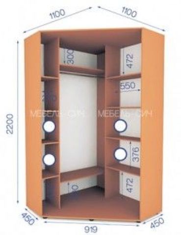 Шкаф-купе угловой Сич: высота 2200 мм, глубина 450 мм, ширина 1100 мм на 1100 мм