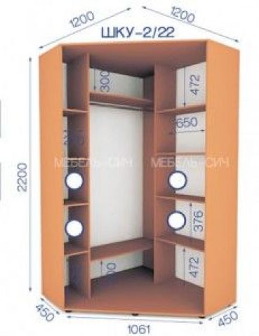 Шкаф-купе угловой Сич: высота 2200 мм, глубина 450 мм, ширина 1200 мм на 1200 мм