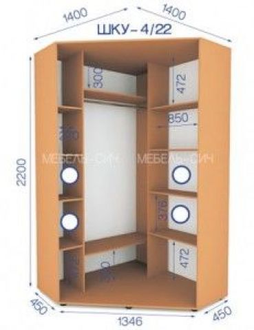 Шкаф-купе угловой Сич: высота 2200 мм, глубина 450 мм, ширина 1400 мм на 1400 мм